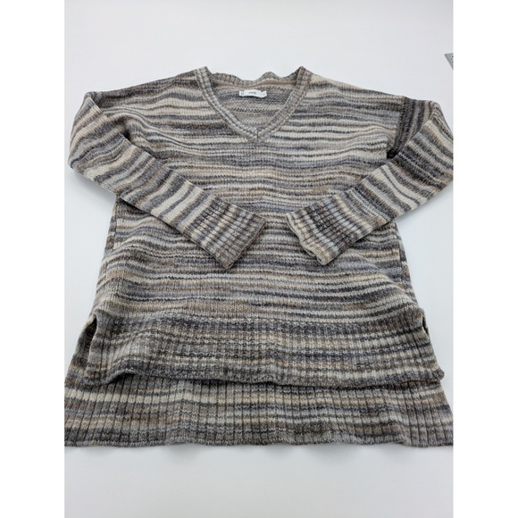 Vince Sweaters - Vince Sweater Women's Size Medium Gray Brown Striped V-Neck Knit Wool Silk Blend